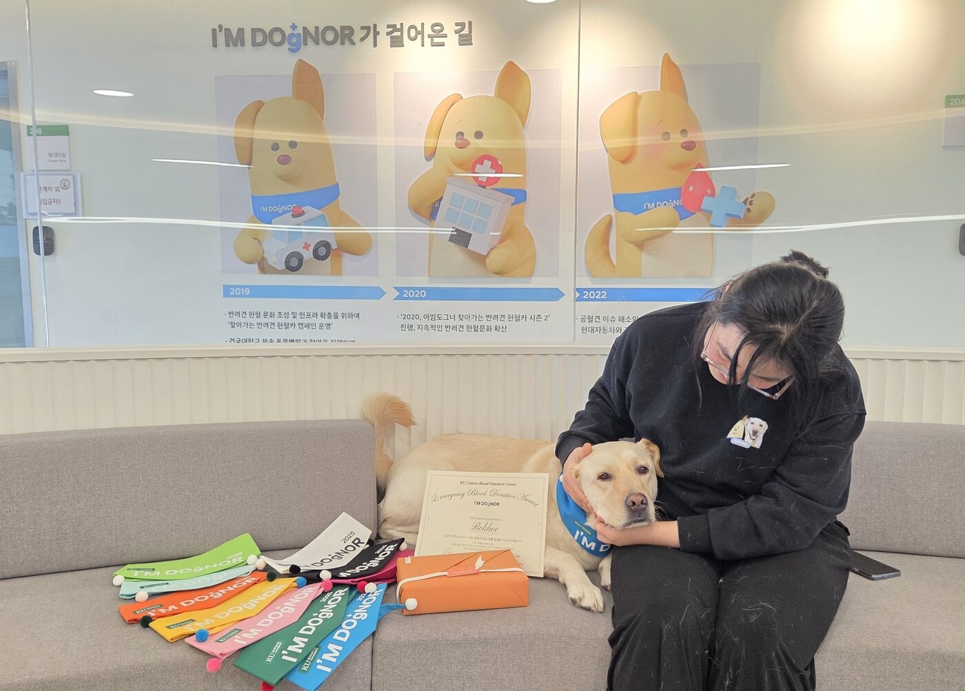 본문 이미지 - 헌혈 회차마다 색상이 바뀌는 아임도그너 스카프 10개를 모두 제공받은 복희 ⓒ 뉴스1 한송아 기자