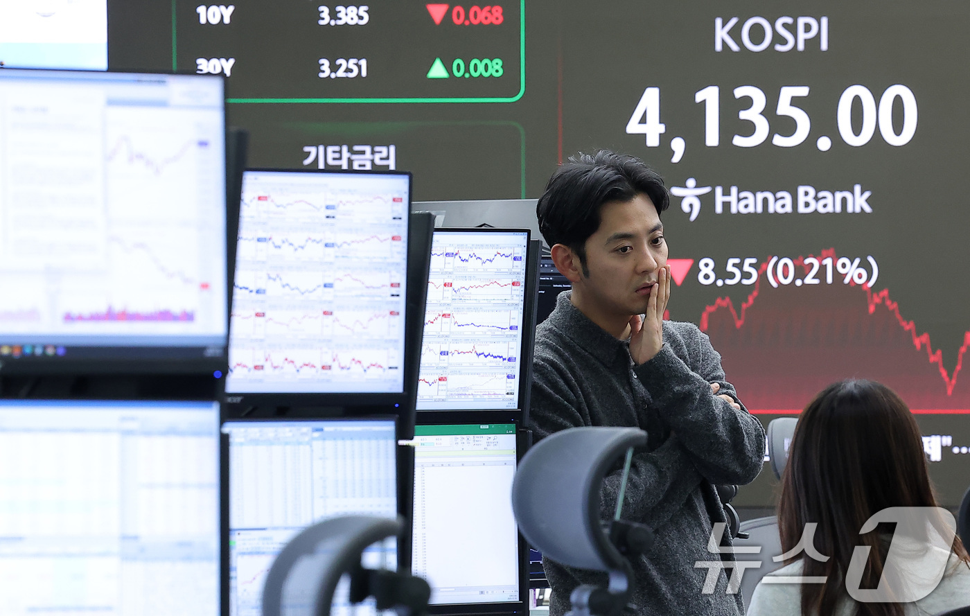 (서울=뉴스1) 김성진 기자 = 10일 서울 중구 하나은행 본점 딜링룸 전광판에 종가가 나오고 있다.이날 코스피는 전일 종가와 비교해 8.55포인트(p)(0.21%) 하락한 413 …