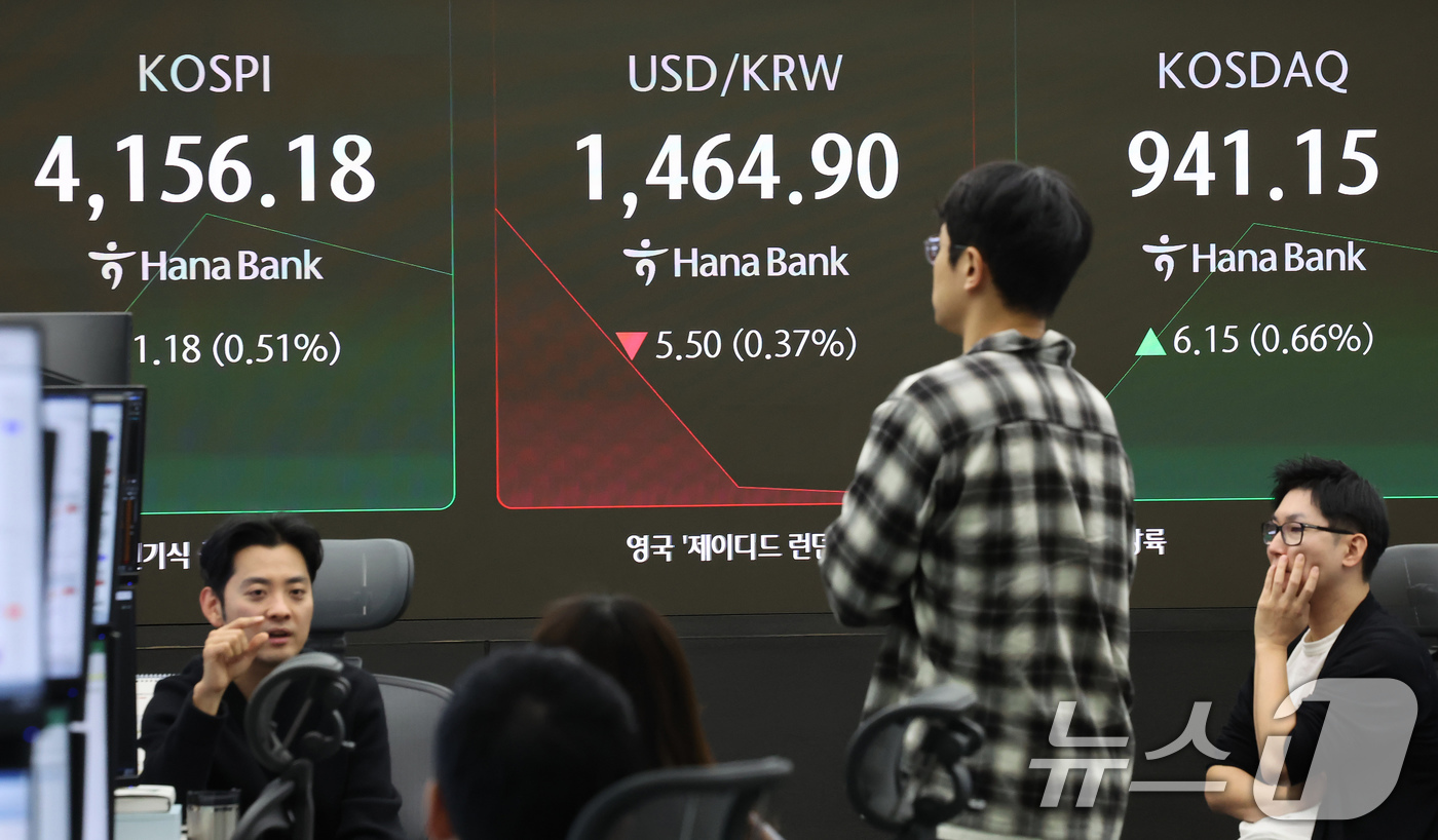 (서울=뉴스1) 장수영 기자 = 11일 오전 서울 중구 하나은행 딜링룸 전광판에 코스피와 코스닥, 원달러환율 시황이 표시되고 있다.이날 코스피는 28.32p(0.68%) 오른 41 …