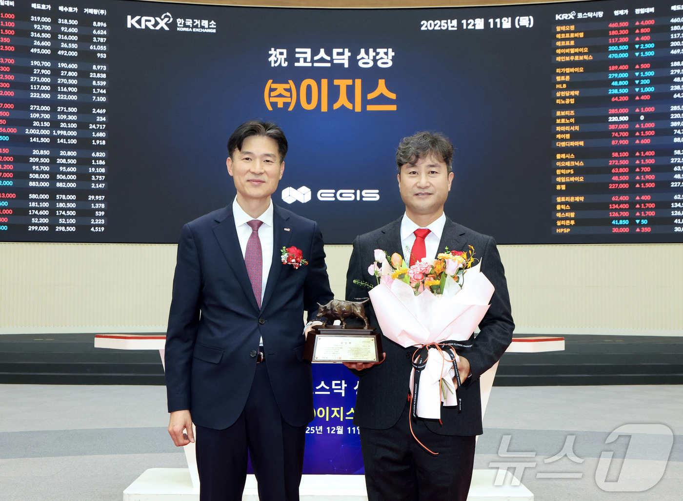 (서울=뉴스1) = 한국거래소 코스닥시장본부는 11일 오전 서울사옥 홍보관에서 이지스의 코스닥시장 상장기념식을 개최했다. 사진은 상장 기념식 후 기념 사진 촬영하는 민경욱 한국거래 …