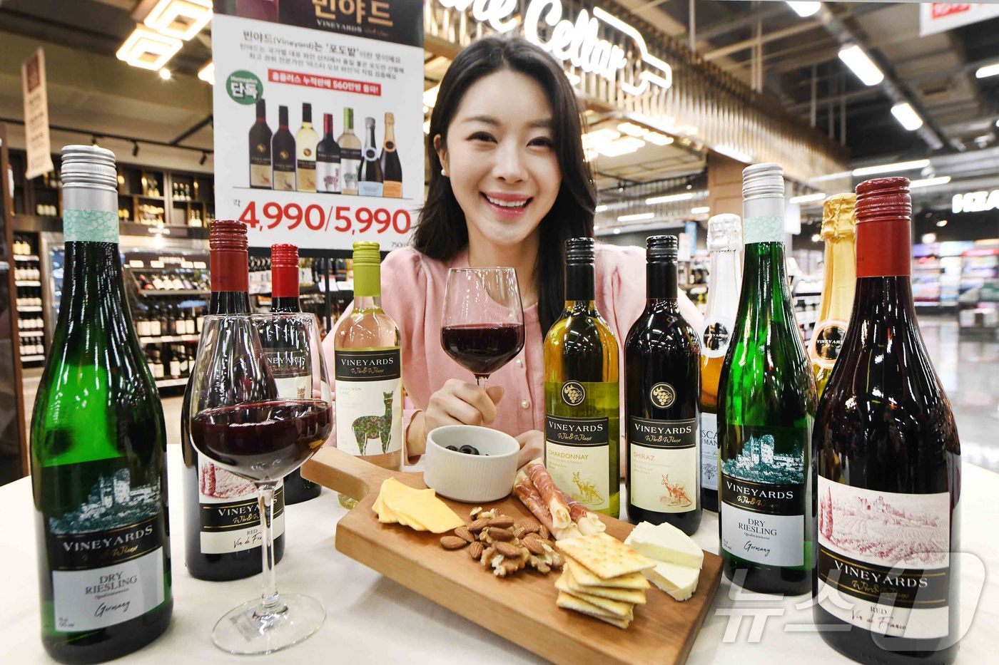 (서울=뉴스1) = 홈플러스가 대표 와인 브랜드 ‘빈야드’의 초가성비 전략을 앞세워 ‘와인 대중주화 프로젝트’에 박차를 가한다고 12일 밝혔다. 사진은 모델이 ‘홈플러스 메가 푸드 …