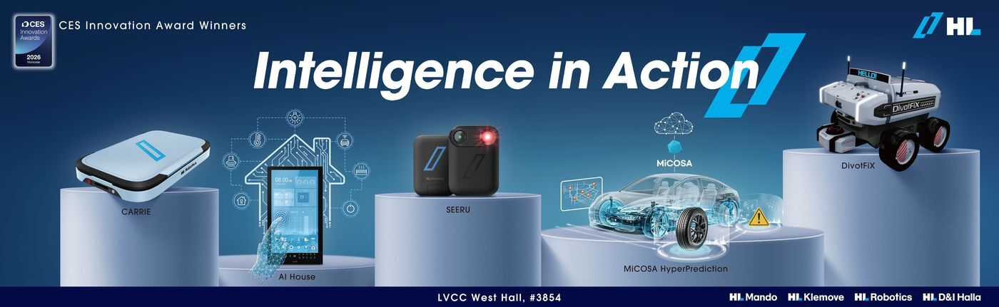본문 이미지 - CES 2026에서 혁신상을 수상한 HL그룹의 제품들. 왼쪽부터 HL로보틱스 물류로봇 &#39;캐리&#39;, HL디앤아이한라 &#39;스마트홈 제어 시스템&#39;, HL클레무브 휴대용 안전 센서 &#39;시루&#39;, HL만도 차량용 소프트웨어 &#39;마이코사 하이퍼프레딕션&#39;, HL디앤아이한라 골프장 수리로봇 &#39;디봇픽스&#39; 등&#40;HL그룹 제공&#41;. 2025.12.12.