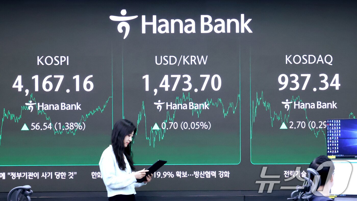 본문 이미지 - 12일 오후 서울 중구 하나은행 딜링룸 전광판에 코스피와 코스닥 종가와 원달러환율이 표시되고 있다. 2025.12.12/뉴스1 ⓒ News1 장수영 기자