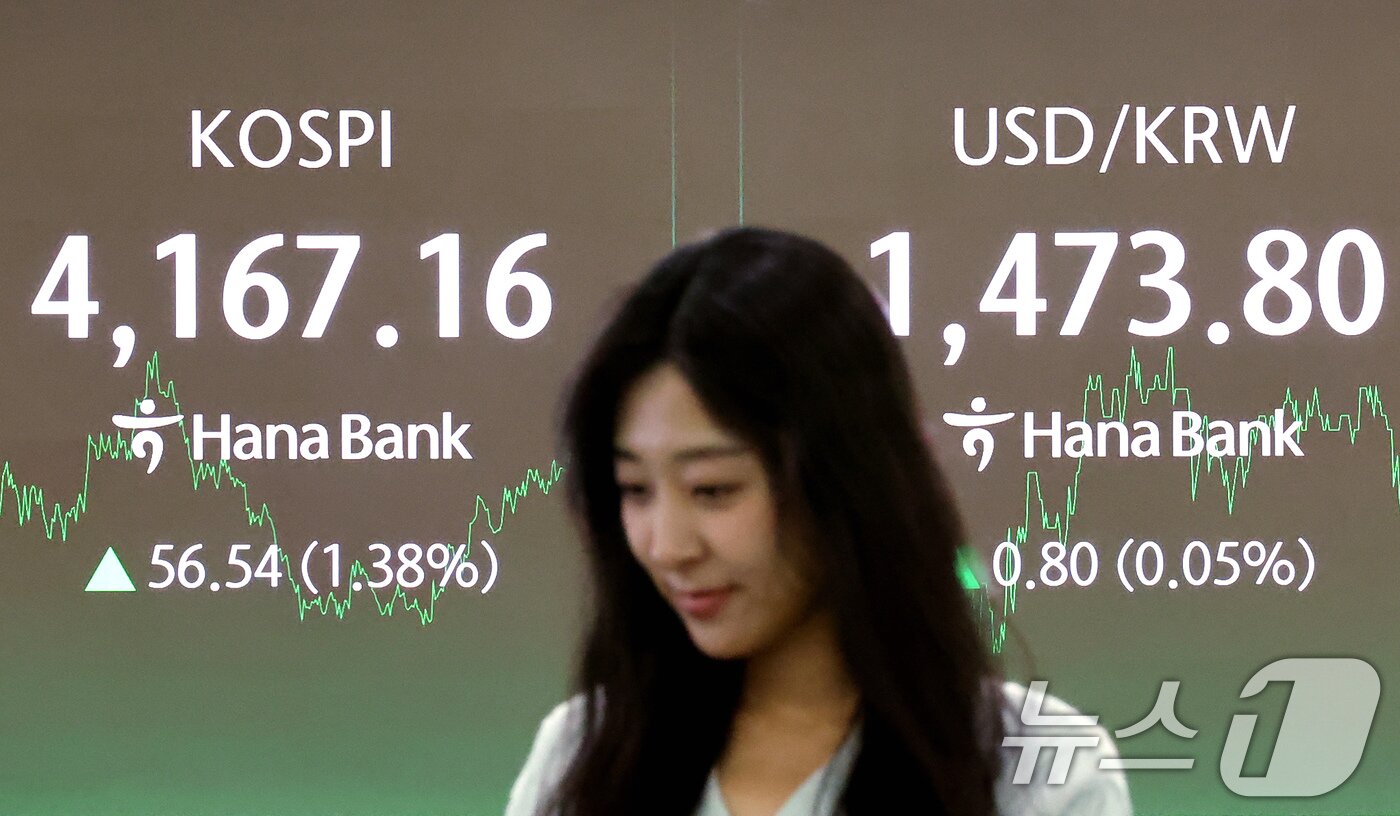 본문 이미지 - 12일 오후 서울 중구 하나은행 딜링룸 전광판에 코스피종가와 원달러환율이 표시되고 있다. 2025.12.12/뉴스1 ⓒ News1 장수영 기자