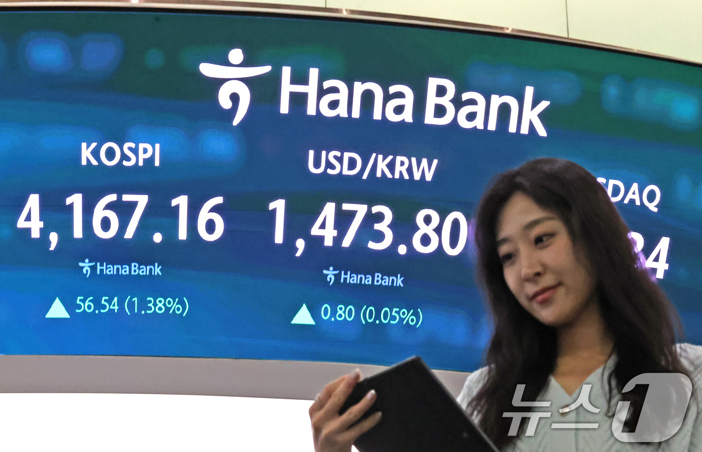 (서울=뉴스1) 장수영 기자 = 12일 오후 서울 중구 하나은행 딜링룸 전광판에 코스피종가와 원달러환율이 표시되고 있다.코스피는 전일 대비 56.54p(1.38%) 상승한 4167 …