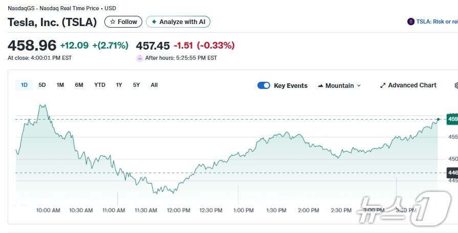 본문 이미지 - 테슬라 일일 주가추이 - 야후 파이낸스 갈무리
