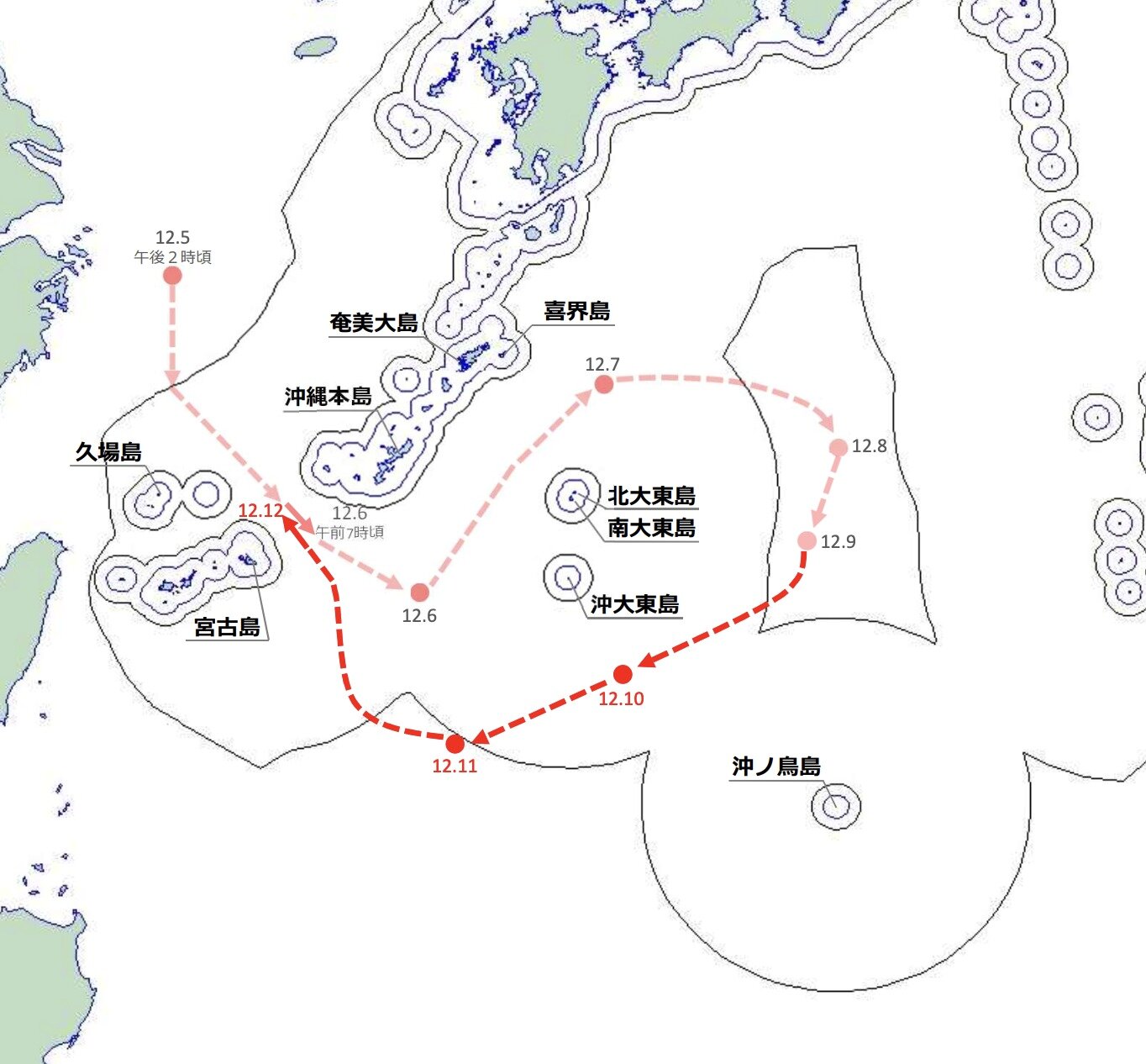 본문 이미지 - 지난 6~12일 중국 항공모함 랴오닝함 선단의 일본 주변 해역 이동 경로. &#40;사진=통합막료감부 보도자료 갈무리&#41;