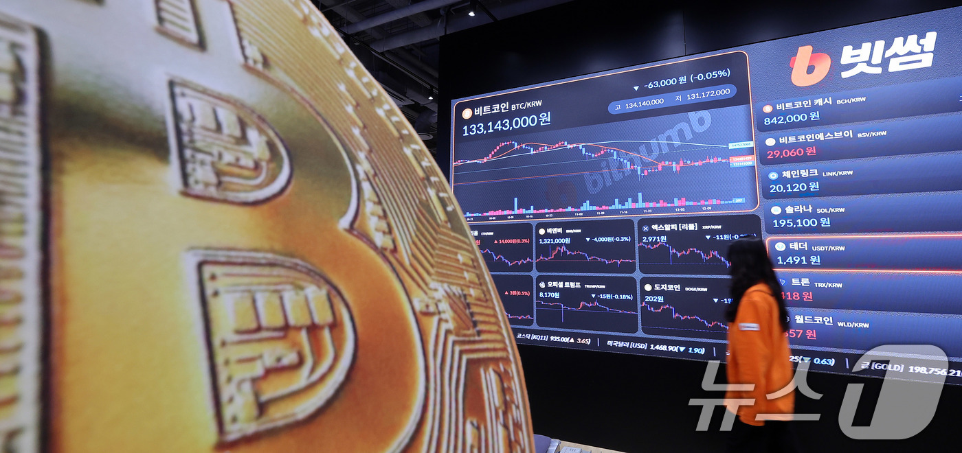 (서울=뉴스1) 박지혜 기자 = 15일 서울 강남구 빗썸 라운지 전광판에 비트코인 시세가 나타나고 있다.비트코인 가격이 8만8000달러(약 1억3000만원) 선에서 횡보하고 있다. …