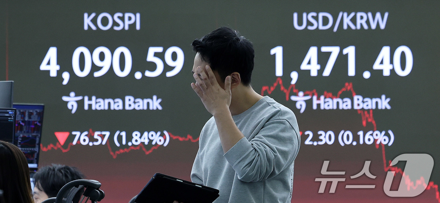 (서울=뉴스1) 박지혜 기자 = 15일 오후 서울 중구 하나은행 딜링룸 전광판에 코스피 지수가 전거래일 대비 76.57포인트(p)(1.84%) 하락한 4090.59를 나타내고 있다 …