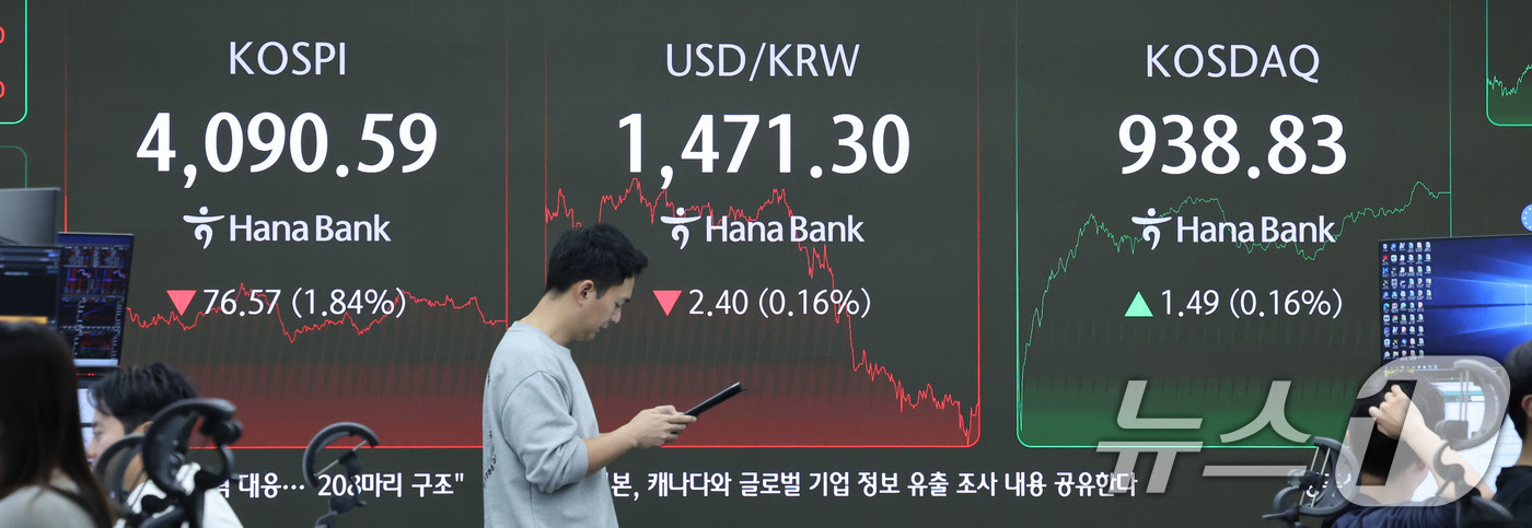 (서울=뉴스1) 박지혜 기자 = 15일 오후 서울 중구 하나은행 딜링룸 전광판에 코스피 지수가 전거래일 대비 76.57포인트(p)(1.84%) 하락한 4090.59를 나타내고 있다 …