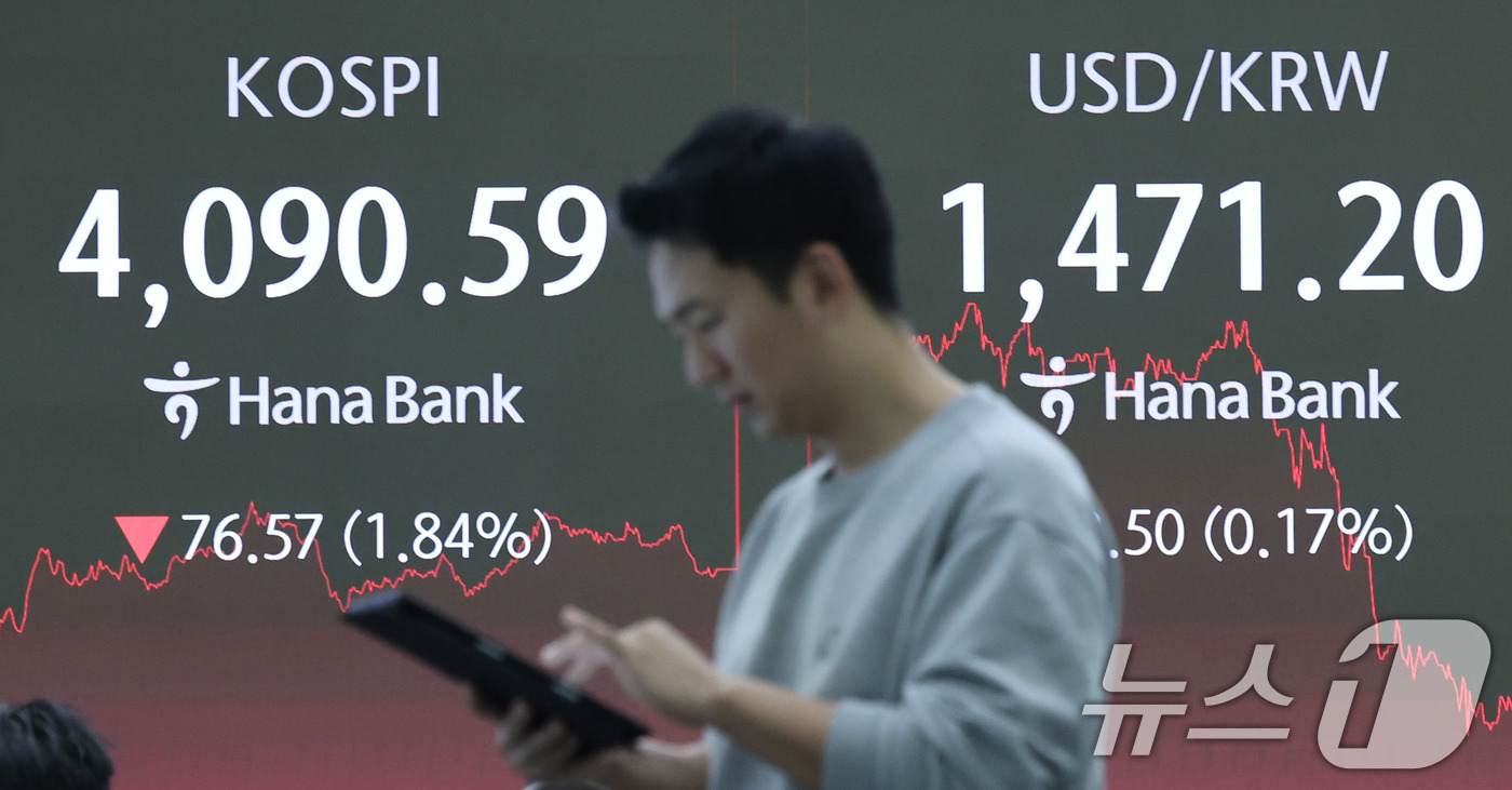 (서울=뉴스1) 박지혜 기자 = 15일 오후 서울 중구 하나은행 딜링룸 전광판에 코스피 지수가 전거래일 대비 76.57포인트(p)(1.84%) 하락한 4090.59를 나타내고 있다 …