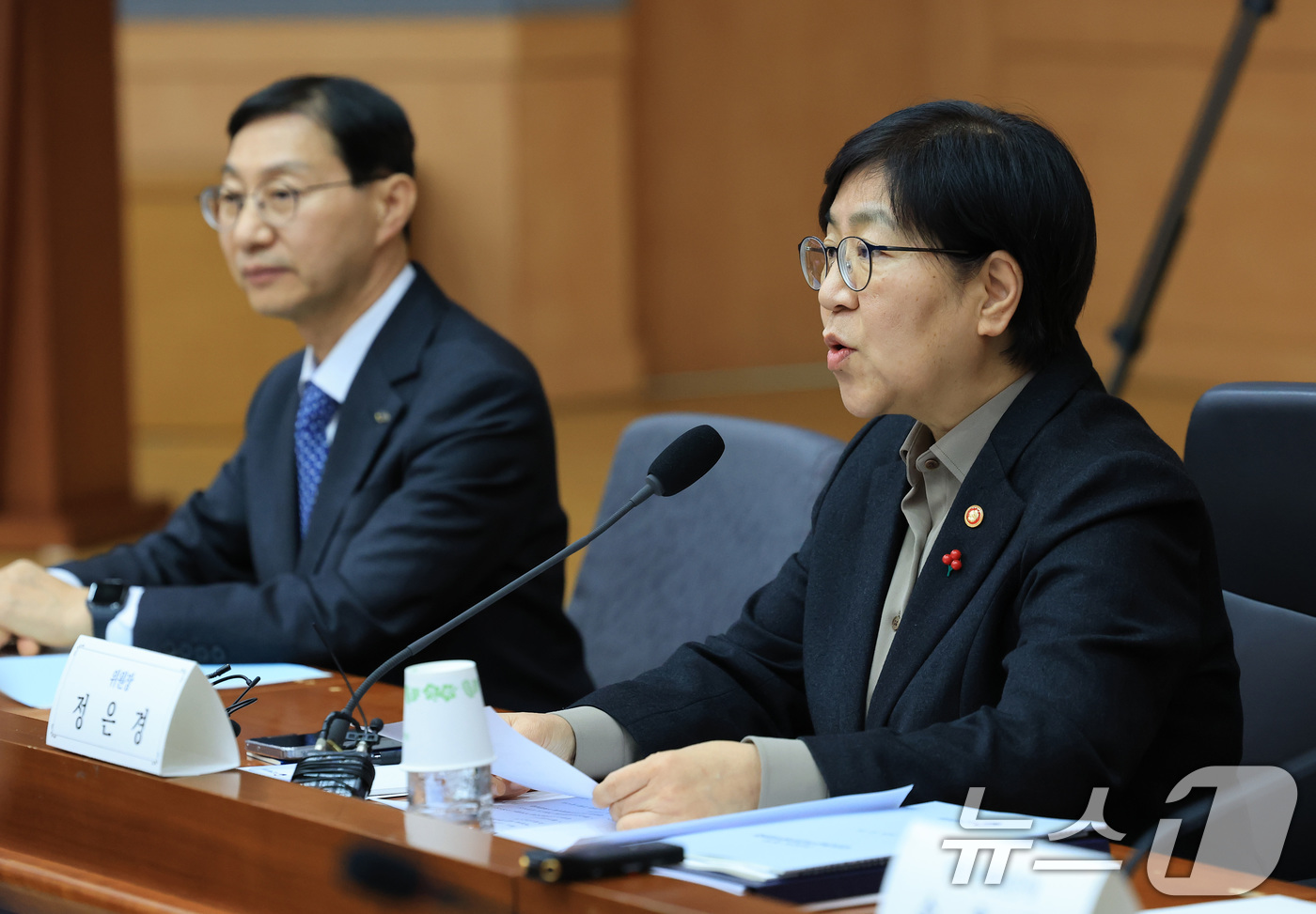 (서울=뉴스1) 임세영 기자 = 정은경 보건복지부 장관이 15일 서울 종로구 정부서울청사 별관 국제회의실에서 열린 제7차 국민연금기금운용위원회 회의에서 발언을 하고 있다. 2025 …