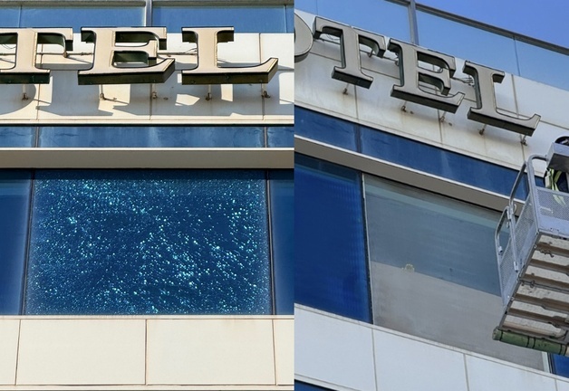 부산 한 호텔 유리창 파손 우려에 인도와 도로 통제