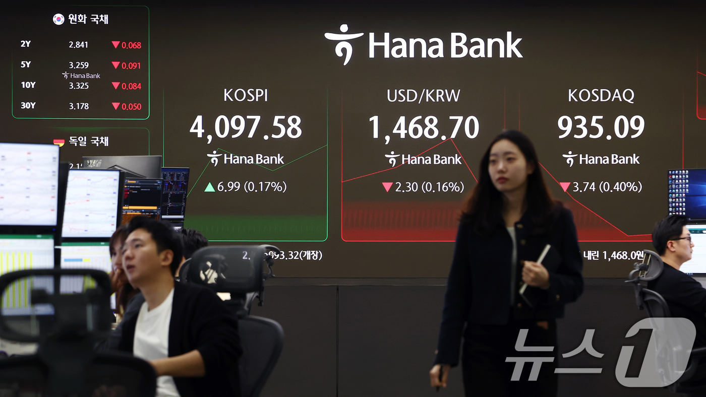 (서울=뉴스1) 김민지 기자 = 16일 오전 서울 중구 하나은행 딜링룸에서 딜러들이 업무를 보고 있다.이날 코스피는 전 거래일(4090.59)보다 2.73포인트(0.07%) 오른 …