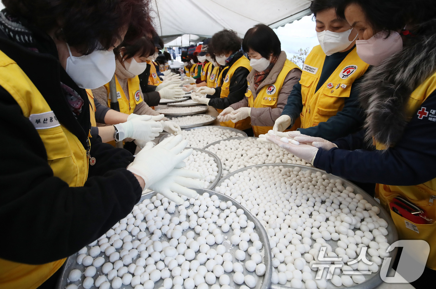 (부산=뉴스1) 윤일지 기자 = 16일 부산 해운대구 가마솥무료급식소에서 대한적십자사 부산지사 해운대구협의회 봉사원들이 취약계층 어르신에게 대접할 팥죽에 넣을 새알심을 빚고 있다. …