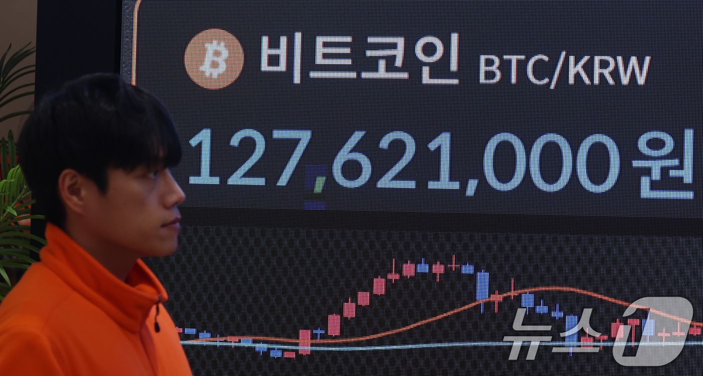 (서울=뉴스1) 김명섭 기자 = 16일 서울 강남구 빗썸 라운지 전광판에 비트코인 시세가 나타나고 있다. 가상자산 대장주 비트코인이 미·일 통화정책 변수에 흔들리며 8만6000달 …