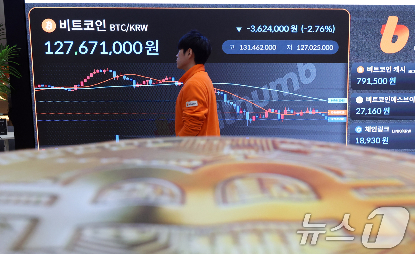 (서울=뉴스1) 김명섭 기자 = 16일 서울 강남구 빗썸 라운지 전광판에 비트코인 시세가 나타나고 있다. 가상자산 대장주 비트코인이 미·일 통화정책 변수에 흔들리며 8만6000달 …