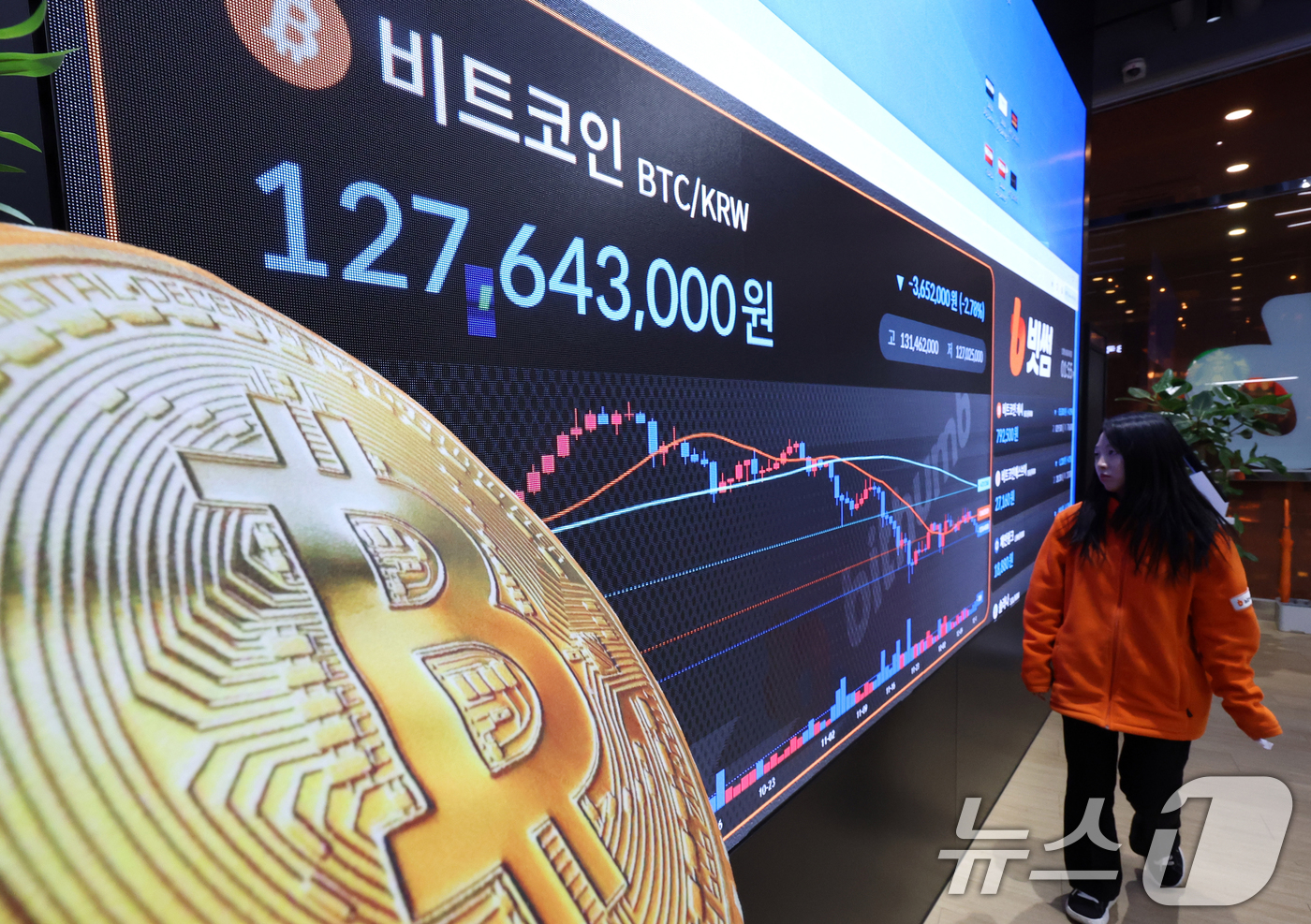 (서울=뉴스1) 김명섭 기자 = 16일 서울 강남구 빗썸 라운지 전광판에 비트코인 시세가 나타나고 있다. 가상자산 대장주 비트코인이 미·일 통화정책 변수에 흔들리며 8만6000달 …