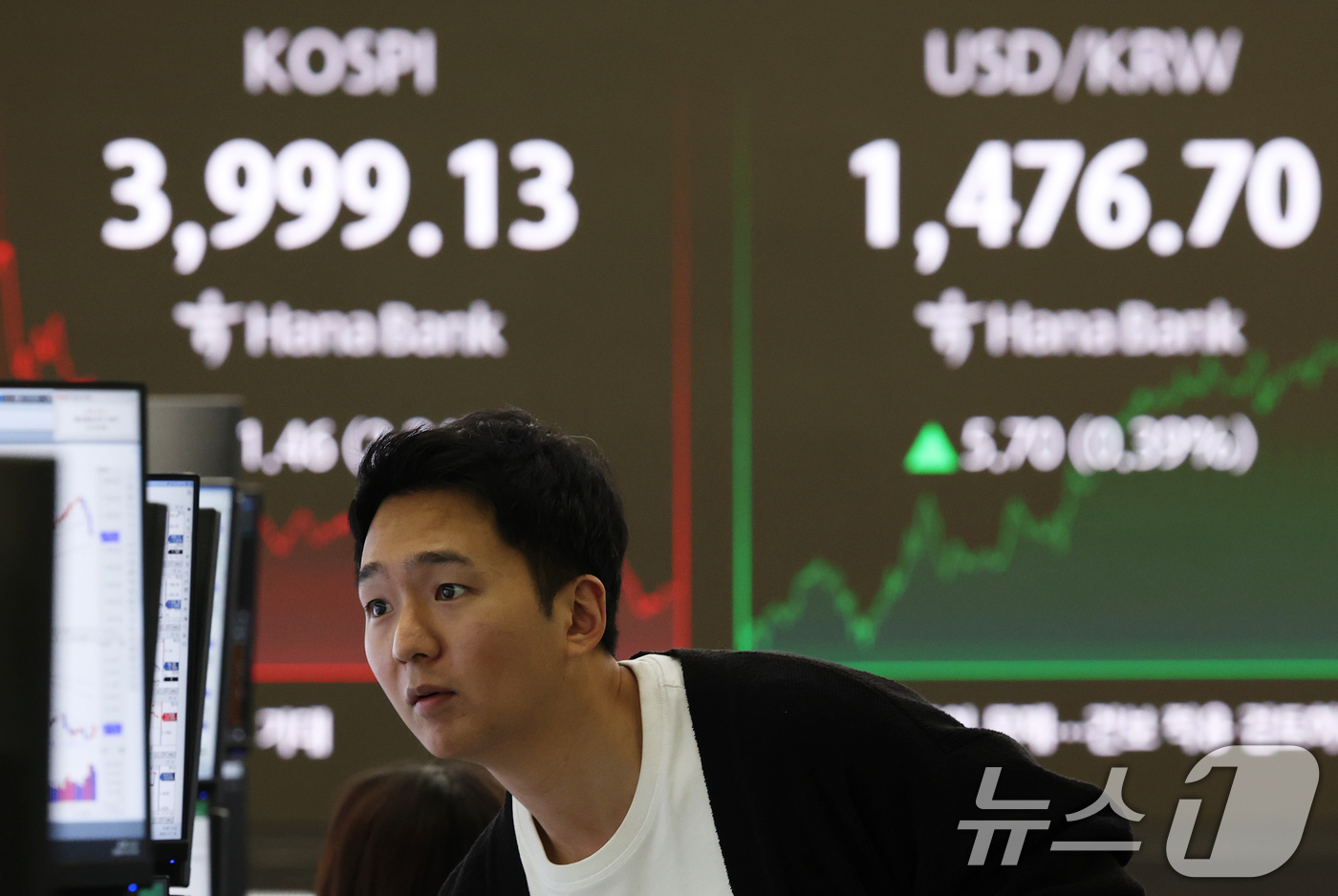 (서울=뉴스1) 오대일 기자 = 코스피가 외국인과 기관의 매도세로 10거래일 만에 4,000선이 무너진 16일 오후 서울 중구 하나은행 본점 딜링룸 전광판에 코스피 종가가 표시되고 …