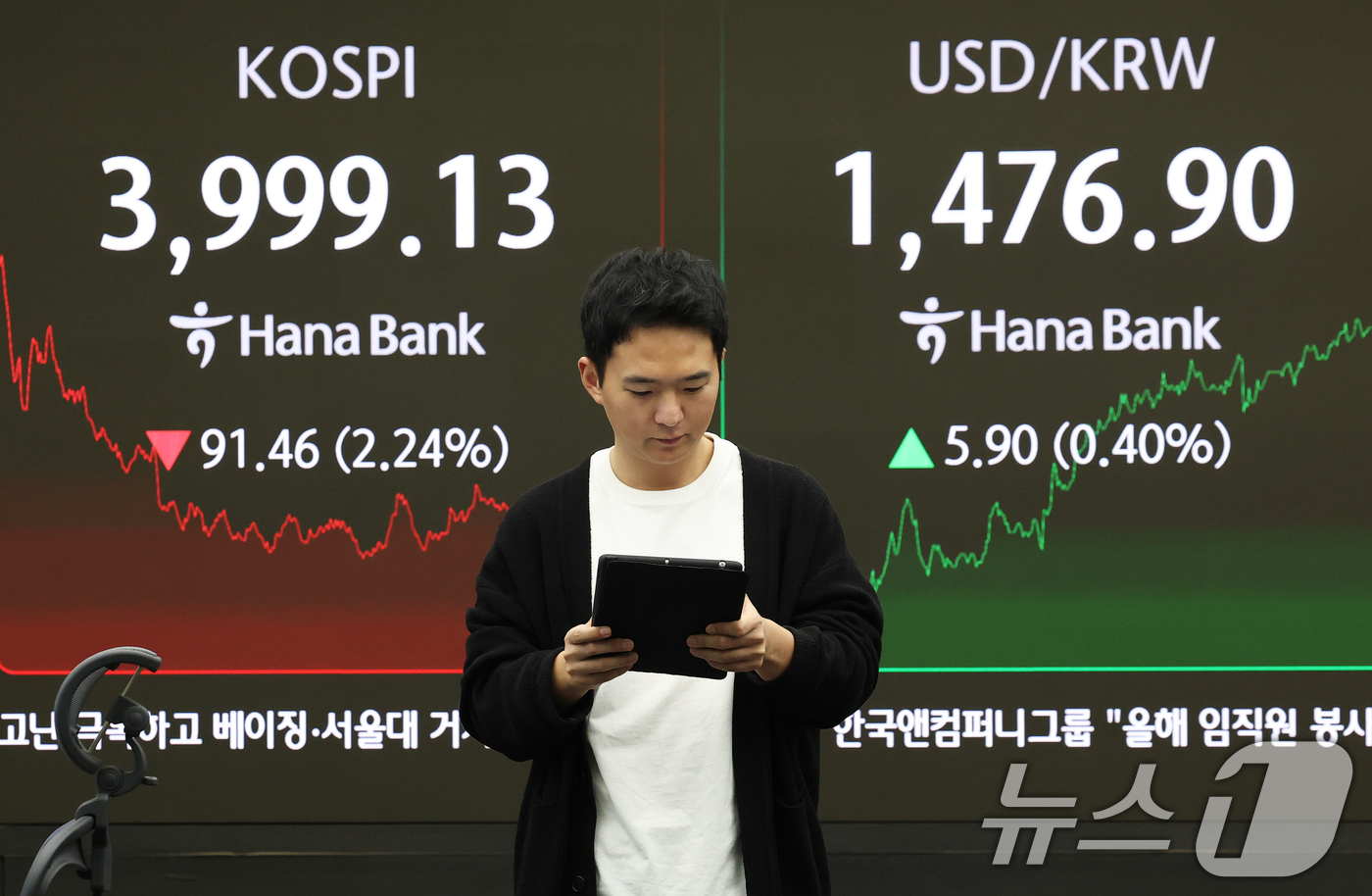 (서울=뉴스1) 오대일 기자 = 코스피가 외국인과 기관의 매도세로 10거래일 만에 4,000선이 무너진 16일 오후 서울 중구 하나은행 본점 딜링룸 전광판에 코스피 종가가 표시되고 …