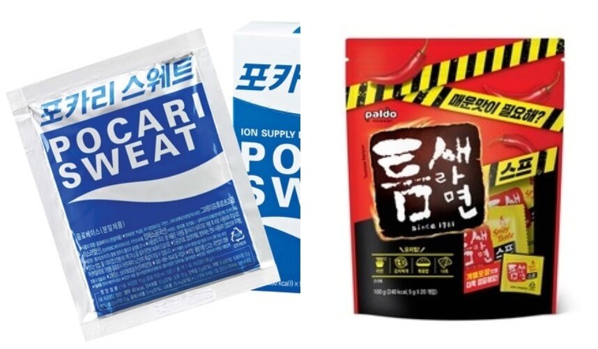 본문 이미지 - 포카리스웨트 분말(왼쪽)과 틈새라면 스프(동아오츠카, 팔도 제공)
