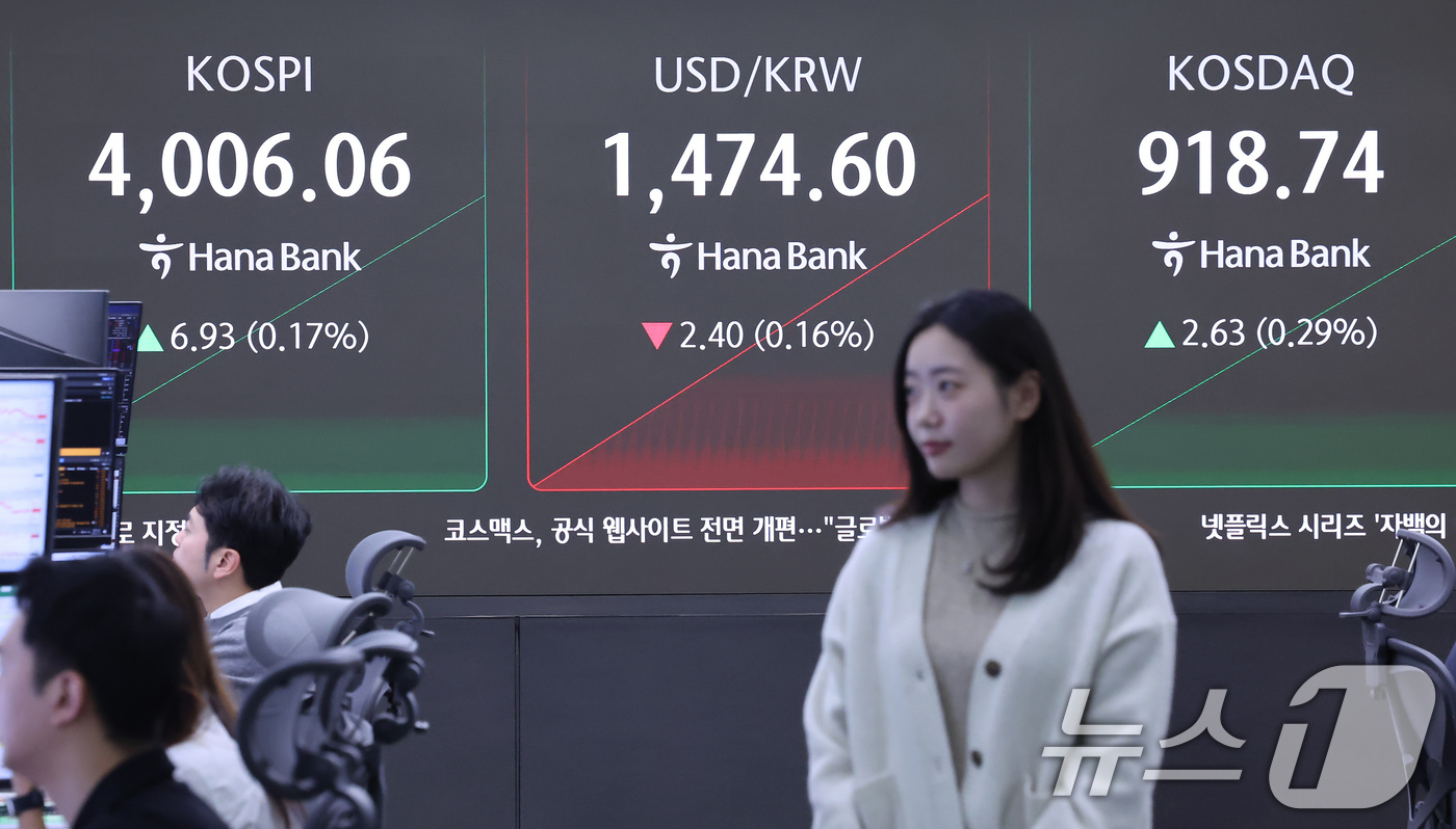 (서울=뉴스1) 장수영 기자 = 17일 오전 서울 중구 하나은행 딜링룸 전광판에 코스피와 코스닥, 원달러 환율 시황이 표시되고 있다.전날 2%대 하락을 보이며 4000선이 무너진 …