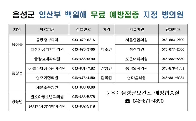 음성군, 내년부터 임산부 백일해 무료 예방접종 지원
