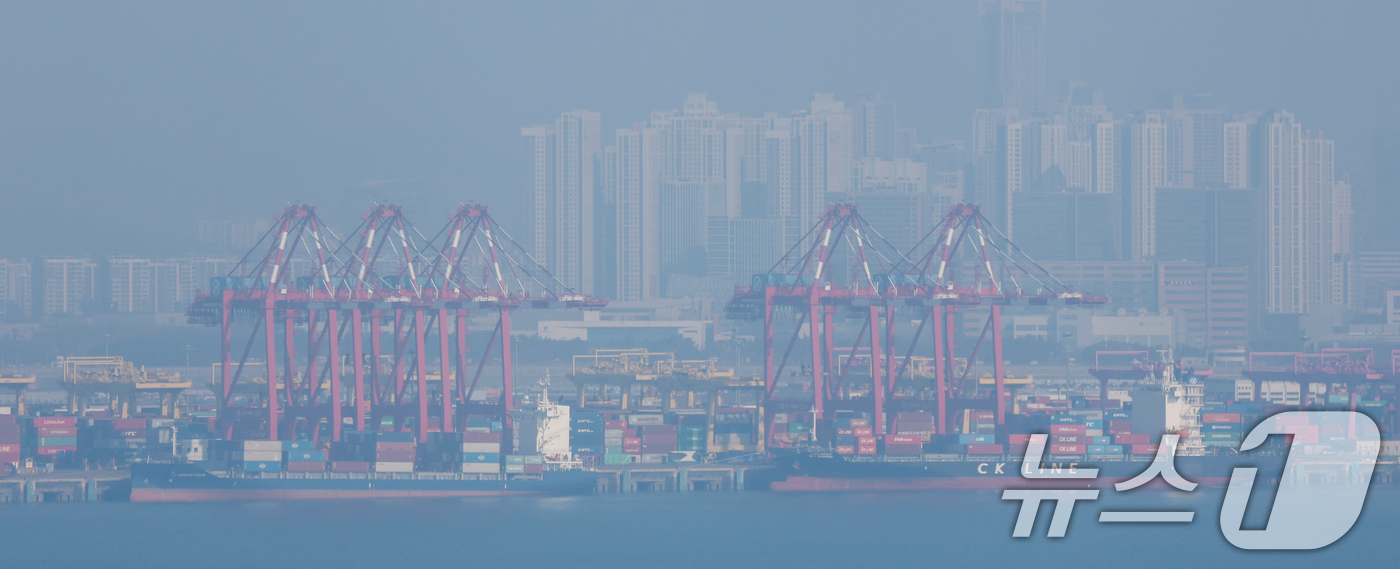 (안산=뉴스1) 김영운 기자 = 수도권 지역의 초미세먼지 농도가 '나쁨' 수준을 보인 17일 경기 안산시 단원구 시화달전망대에서 바라본 인천신항이 뿌연 모습을 보이고 있다. 202 …