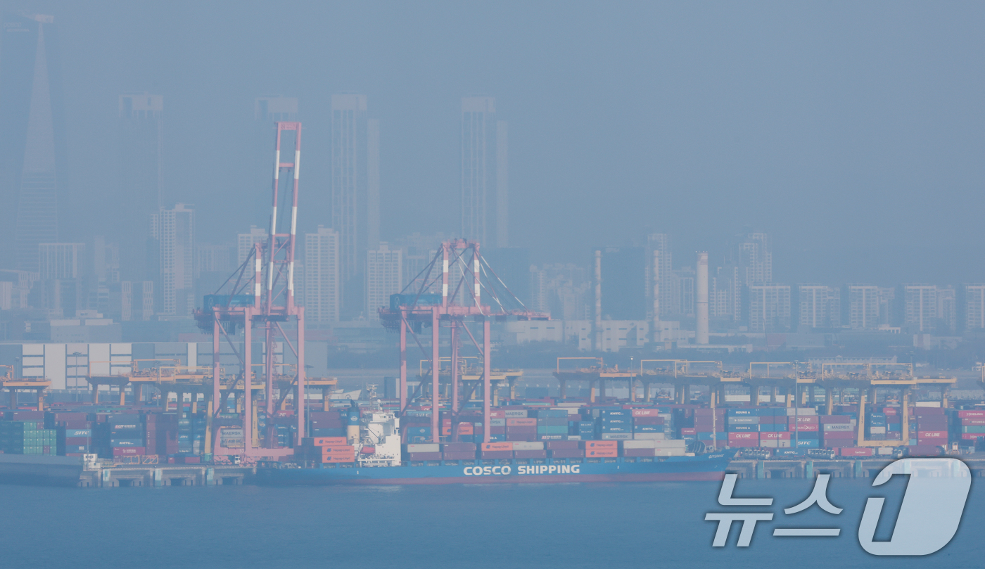 (안산=뉴스1) 김영운 기자 = 수도권 지역의 초미세먼지 농도가 '나쁨' 수준을 보인 17일 경기 안산시 단원구 시화달전망대에서 바라본 인천신항이 뿌연 모습을 보이고 있다. 202 …