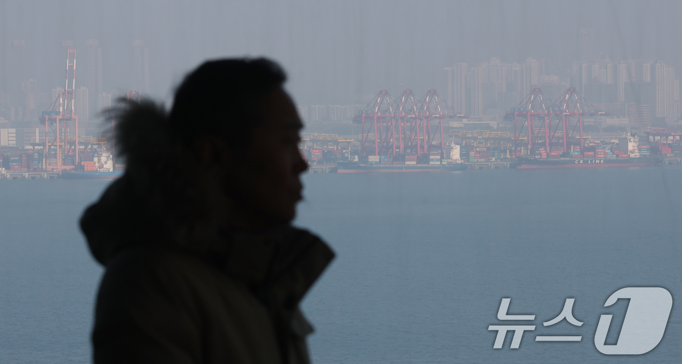 (안산=뉴스1) 김영운 기자 = 수도권 지역의 초미세먼지 농도가 '나쁨' 수준을 보인 17일 경기 안산시 단원구 시화달전망대에서 바라본 인천신항이 뿌연 모습을 보이고 있다. 202 …