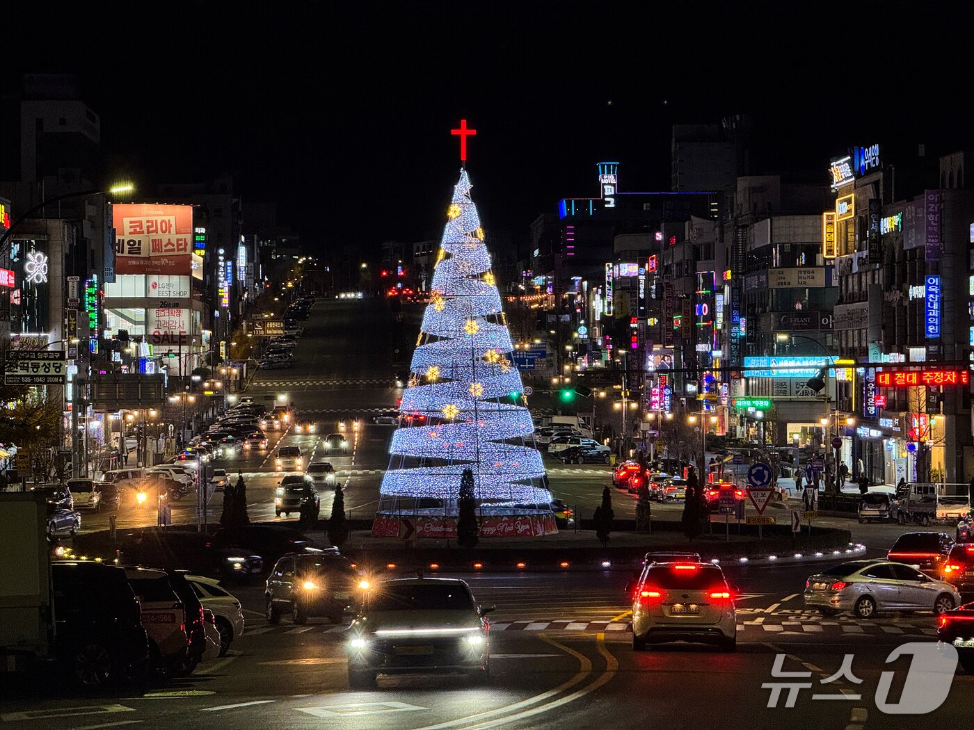 본문 이미지 - 강원 동해시 도심에 설치된 크리스마스 트리.(동해시 제공, 재판매 및 DB 금지) 2025.12.18/뉴스1