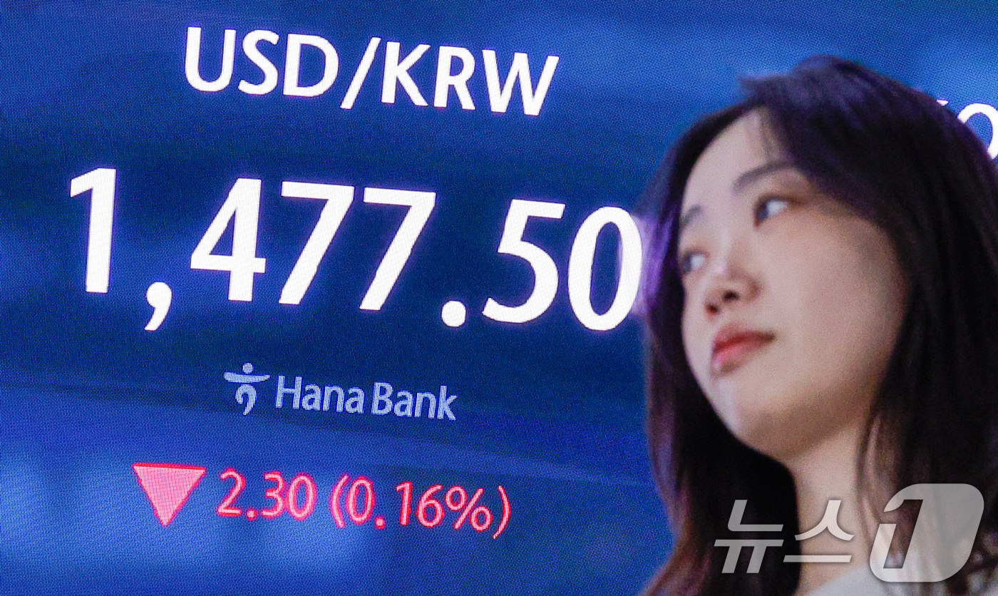 (서울=뉴스1) 안은나 기자 = 18일 오전 서울 중구 하나은행 딜링룸 전광판에 원·달러 환율 개장 후 시황이 나오고 있다.이날 코스피는 전 거래일보다 66.81p(1.65%) 내 …