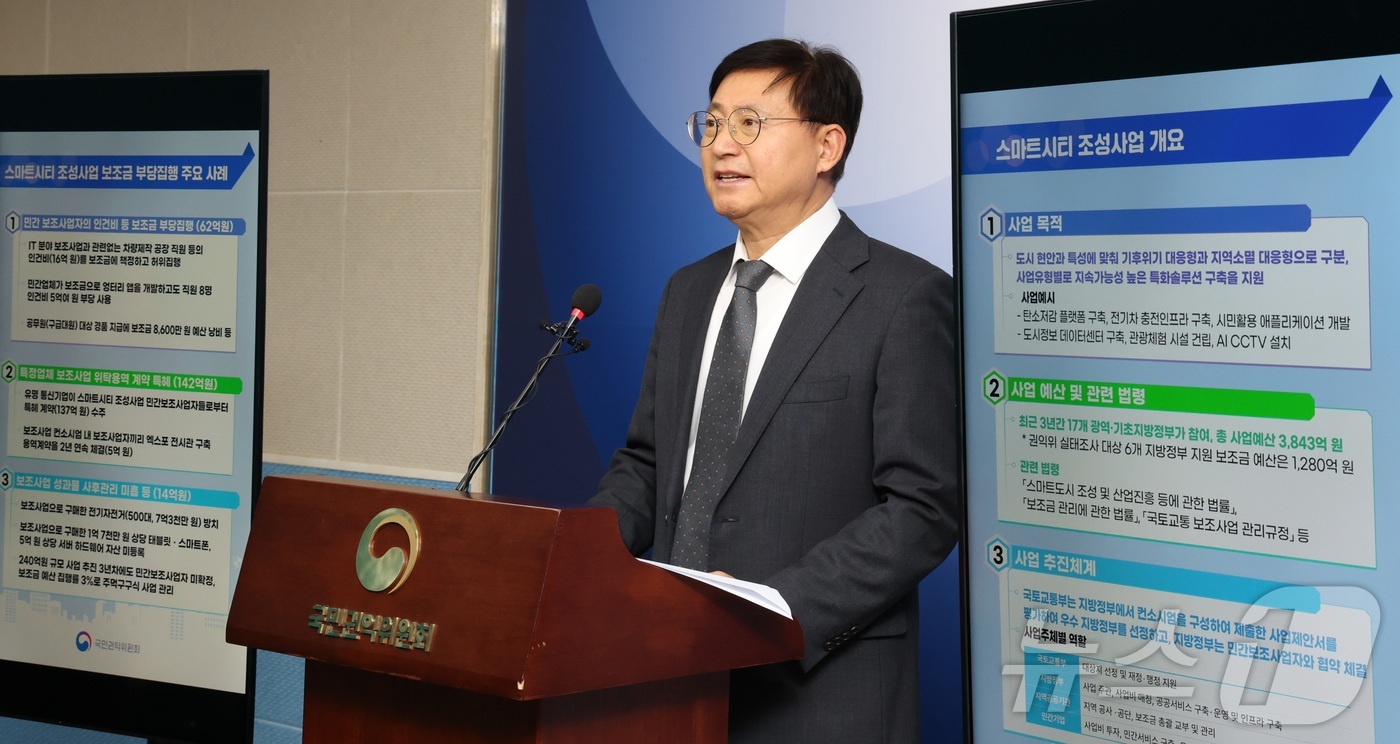 (세종=뉴스1) 김기남 기자 = 장차철 국민권익위원회 장차철 공공재정환수관리과장이 18일 세종시 정부세종청사에서 스마트시티 조성사업 보조금 부당집행 주요사례  조사 결과를 발표하고 …