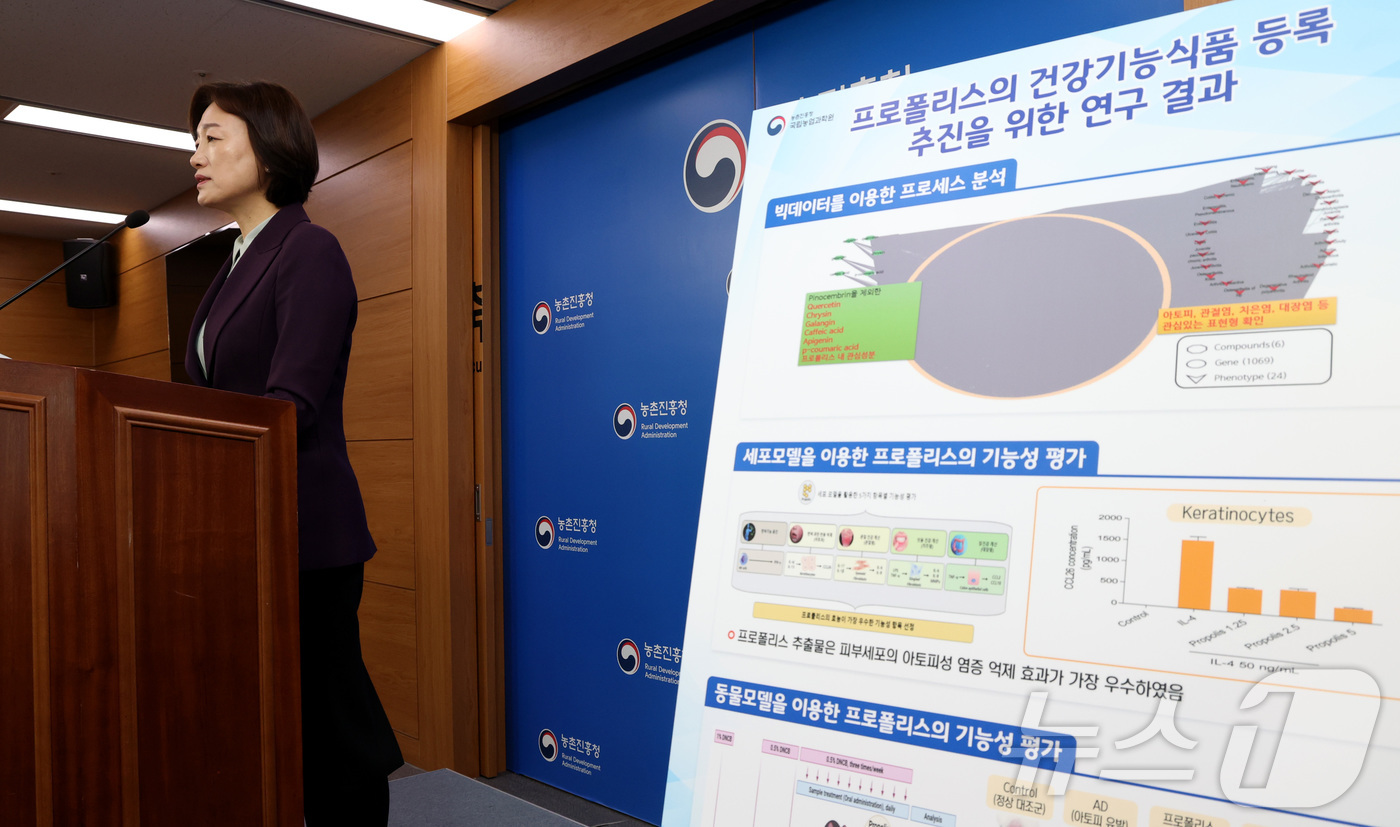 (세종=뉴스1) 김기남 기자 = 방혜선 국립농업과학원 농업생물부장이 18일 세종시 정부세종청사 농림축산식품부에서 프로폴리스 추출물의 면역 과민 반응 완화 효과 구명 내용을 발표하고 …