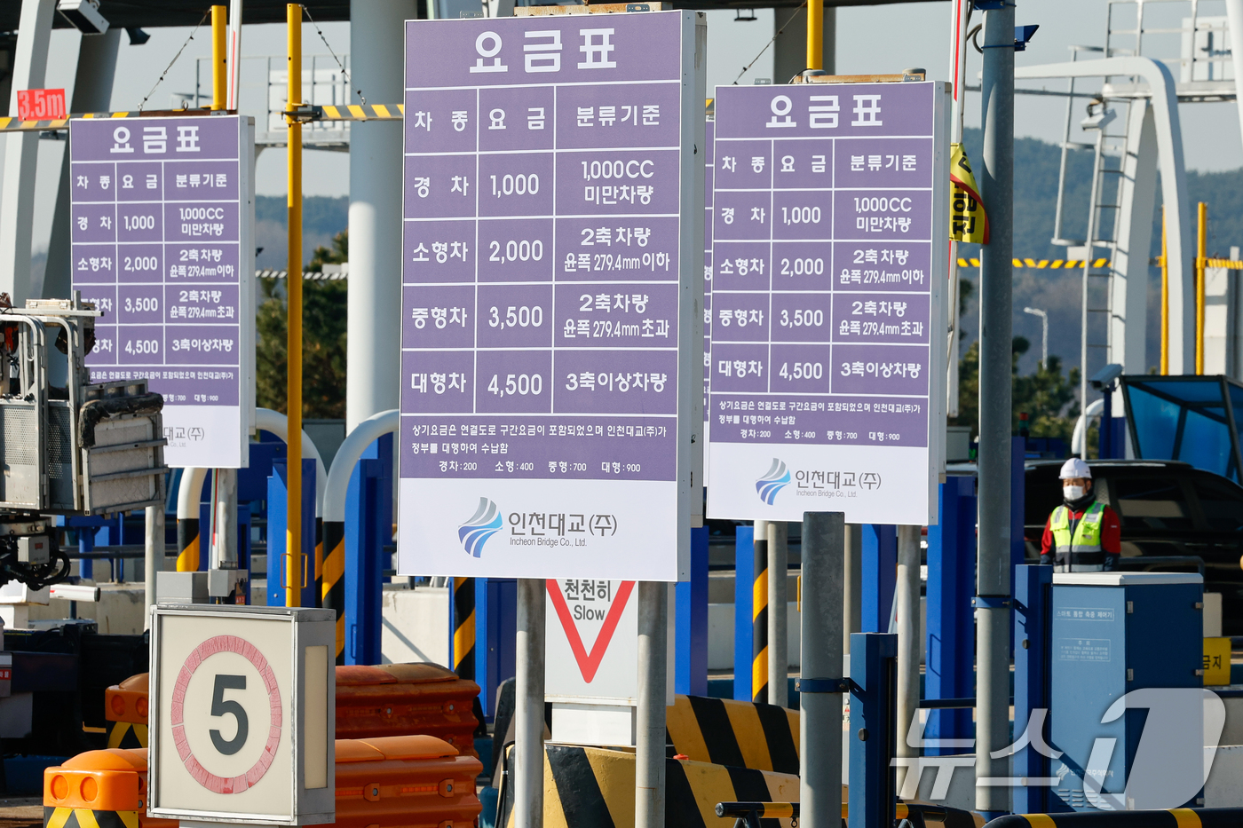 (인천=뉴스1) 안은나 기자 = 18일 인천대교 톨게이트에 인하된 요금표가 게시돼 있다.국토교통부와 인천대교 주식회사의 협약 체결에 따라 이날 0시부터 인천대교 편도 통행료는 △경 …
