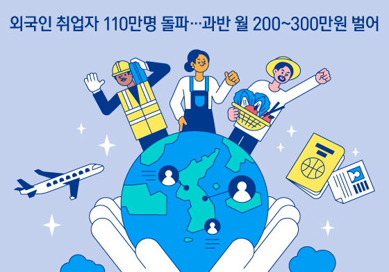[오늘의 그래픽] 외국인 취업자 110만명 돌파…과반 월 200~300만원 벌어