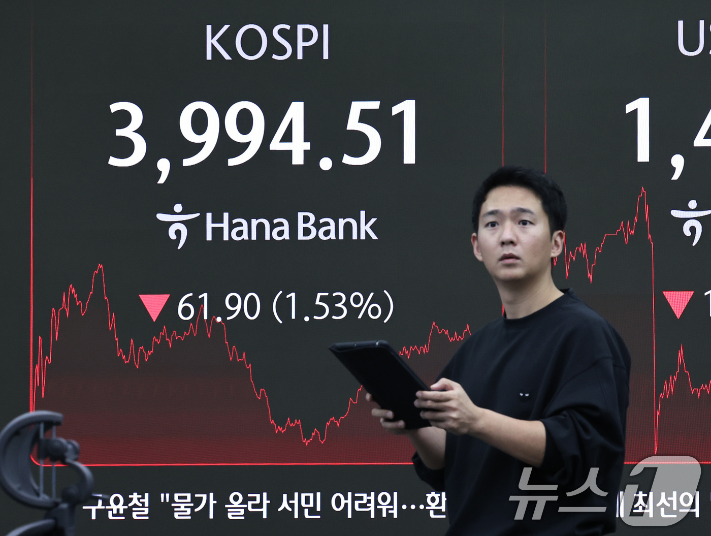 (서울=뉴스1) 구윤성 기자 = 18일 오후 서울 중구 하나은행 본점 딜링룸 전광판에 코스피가 전 거래일 대비 61.9포인트(1.53%) 내린 3994.51을 나타내고 있다. 이날 …