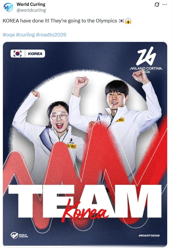본문 이미지 - 컬링 믹스더블 국가대표 김선영-정영석이 2026 밀라노·코르티나담페초 동계 올림픽 본선 진출권을 획득했다. (세계컬링연맹 SNS 캡처)