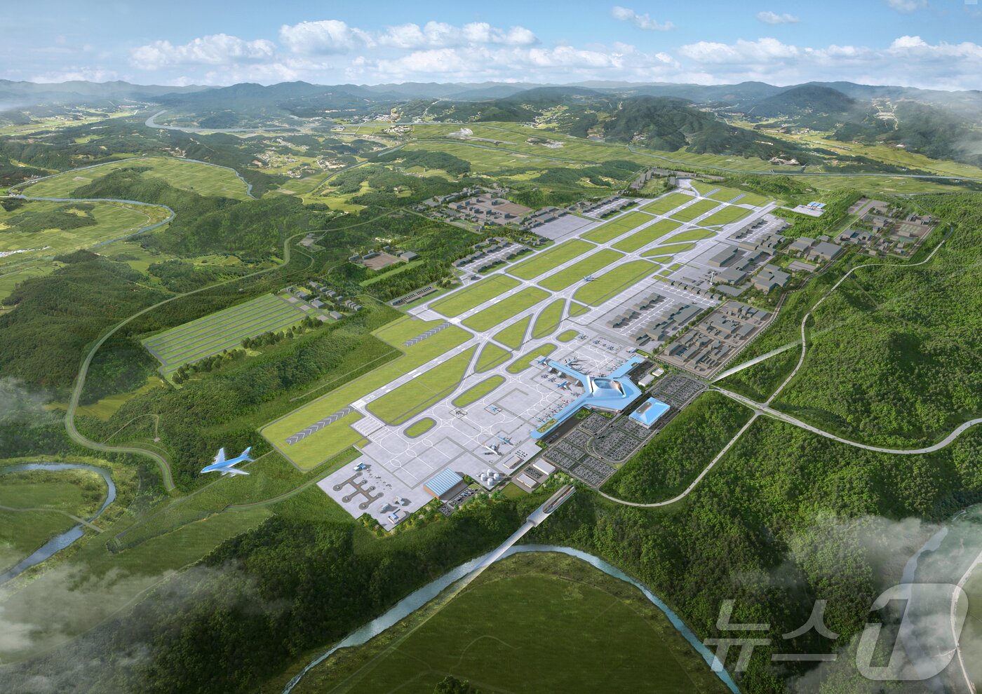 본문 이미지 - 국토교통부가 19일 대구경북신공항 민간공항 건설 기본계획을 고시하면서 신공항 건설사업의 핵심 절차가 마무리됐다.사진은 대구경북신공항 조감도(경북도 제공. 재판매 및 DB금지) /뉴스1