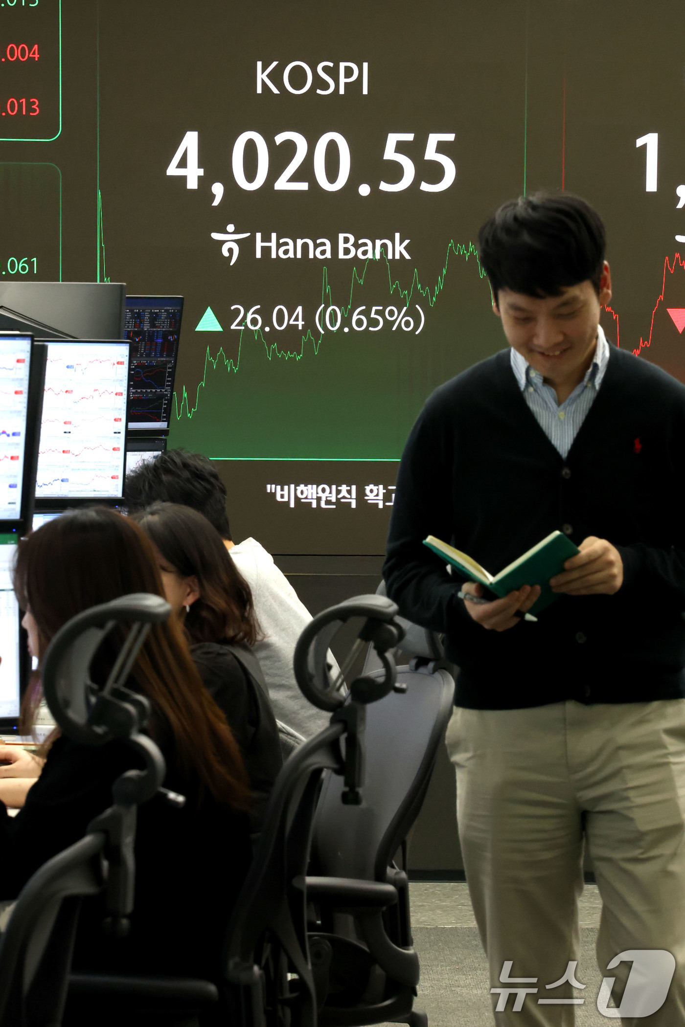 (서울=뉴스1) 이광호 기자 = 코스피가 기관의 매수세에 힘입어 상승 마감한 19일 서울 중구 하나은행 딜링룸 현황판에  전일 대비 26.04포인트(0.65%)상승한 4,020.5 …