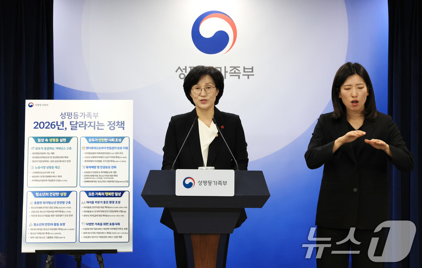 (서울=뉴스1) 임세영 기자 = 원민경 성평등가족부 장관이 19일 서울 종로구 정부서울청사에서 업무보고 사후 브리핑을 하고 있다. 2025.12.19/뉴스1