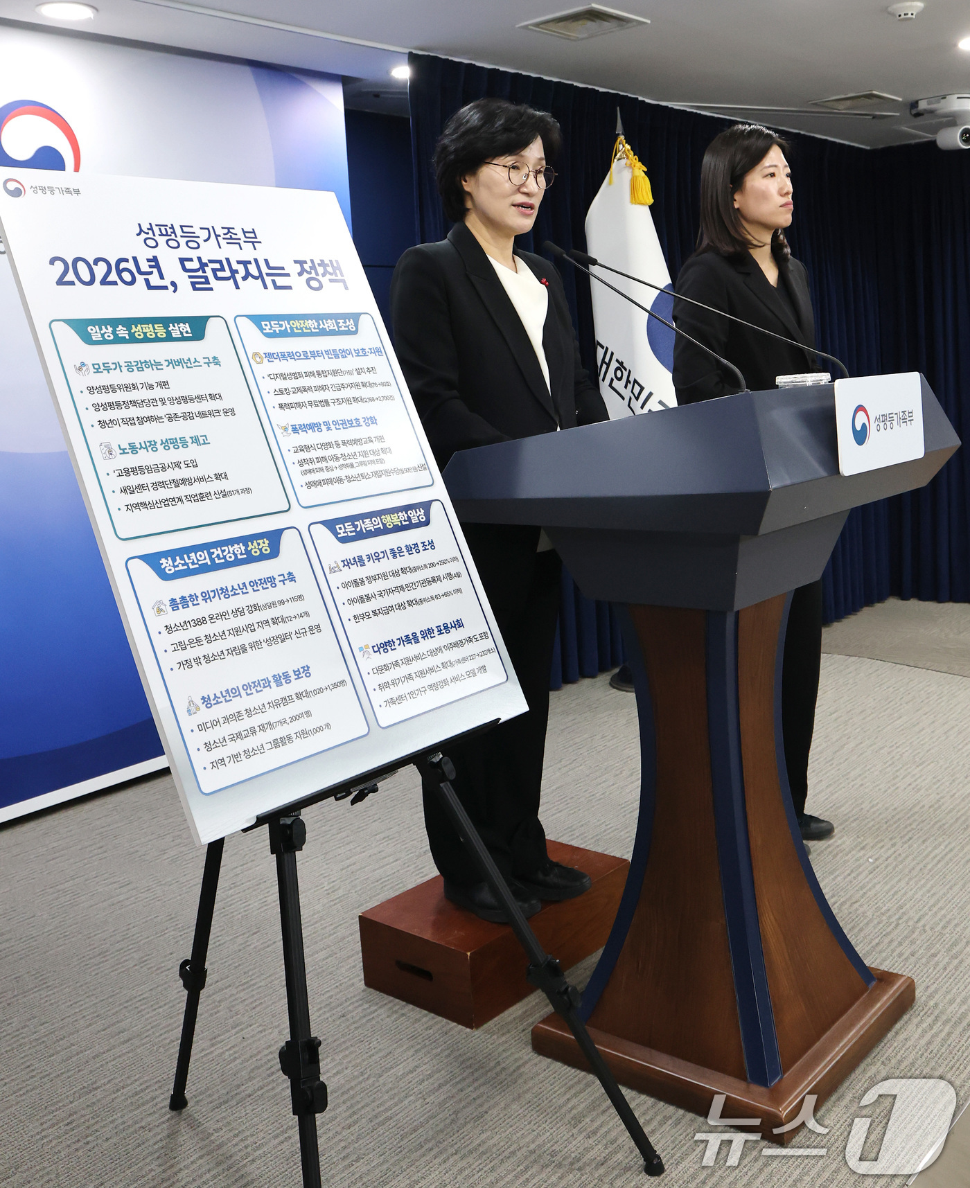 (서울=뉴스1) 임세영 기자 = 원민경 성평등가족부 장관이 19일 서울 종로구 정부서울청사에서 업무보고 사후 브리핑을 하고 있다. 2025.12.19/뉴스1