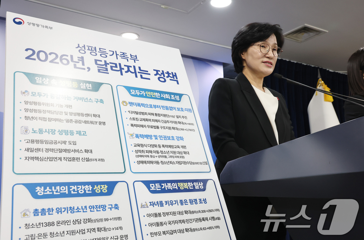 (서울=뉴스1) 임세영 기자 = 원민경 성평등가족부 장관이 19일 서울 종로구 정부서울청사에서 업무보고 사후 브리핑을 하고 있다. 2025.12.19/뉴스1