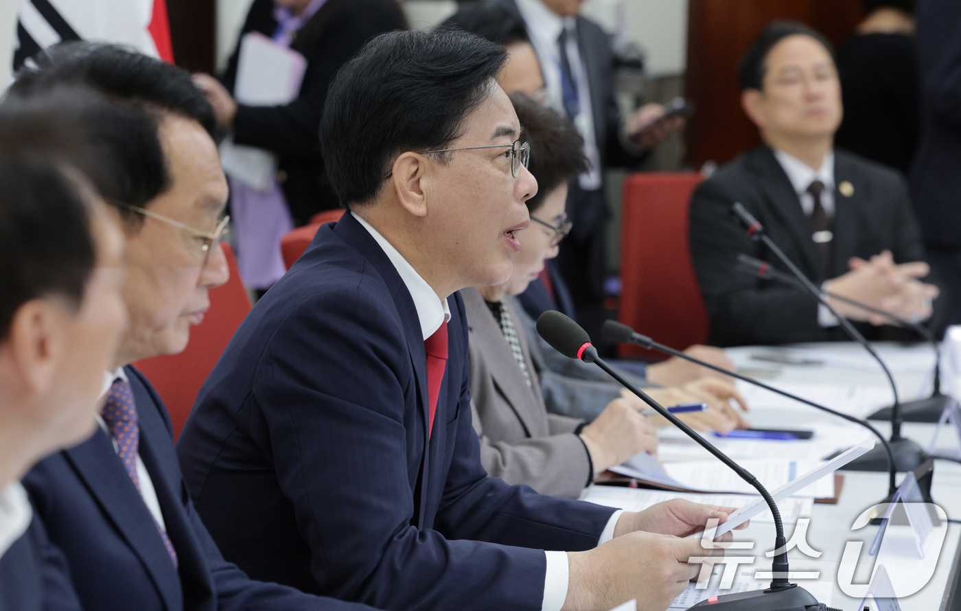 (서울=뉴스1) 신웅수 기자 = 송언석 국민의힘 원내대표가 2일 서울 여의도 국회에서 열린 대미투자특별법 점검 상임위원장·간사단회의에서 발언하고 있다. 2025.12.2/뉴스1