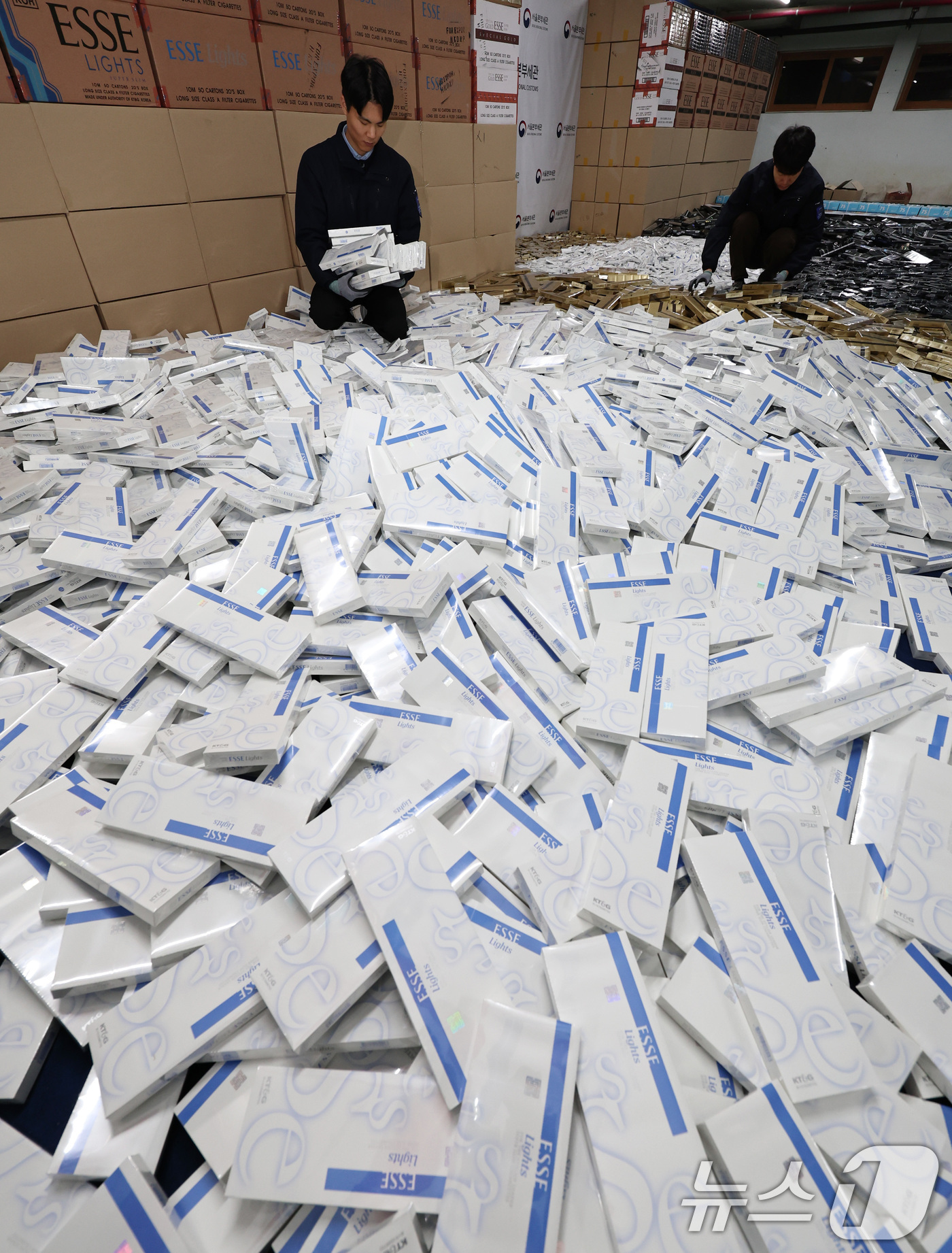 (서울=뉴스1) 구윤성 기자 = 2일 서울 강남구 관세청 서울본부세관 창고에서 직원들이 밀수입 조직으로부터 압수한 담배를 정리하고 있다.관세청 서울본부세관은 정식 수출된 국산 담배 …