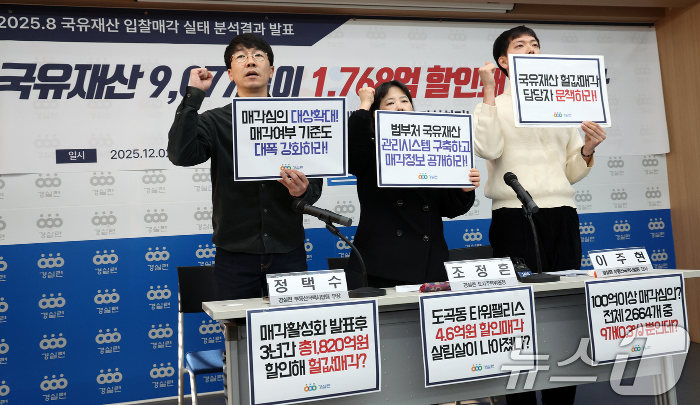 (서울=뉴스1) 김명섭 기자 = 2일 서울 종로구 경실련에서 활동가들이 2020~2025.8 국유재산 입찰매각 실태 분석결과 발표 기자회견을 하고 있다.이들은 귝유재산 9,077억 …