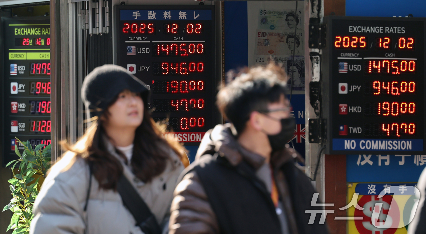 (서울=뉴스1) 황기선 기자 = 2일 서울 중구 명동의 한 환전소 앞 전광판에 환율이 표시되고 있다.이날 한국은행에 따르면 전날(1일)까지 2025년 연평균 환율은 1419.16원 …