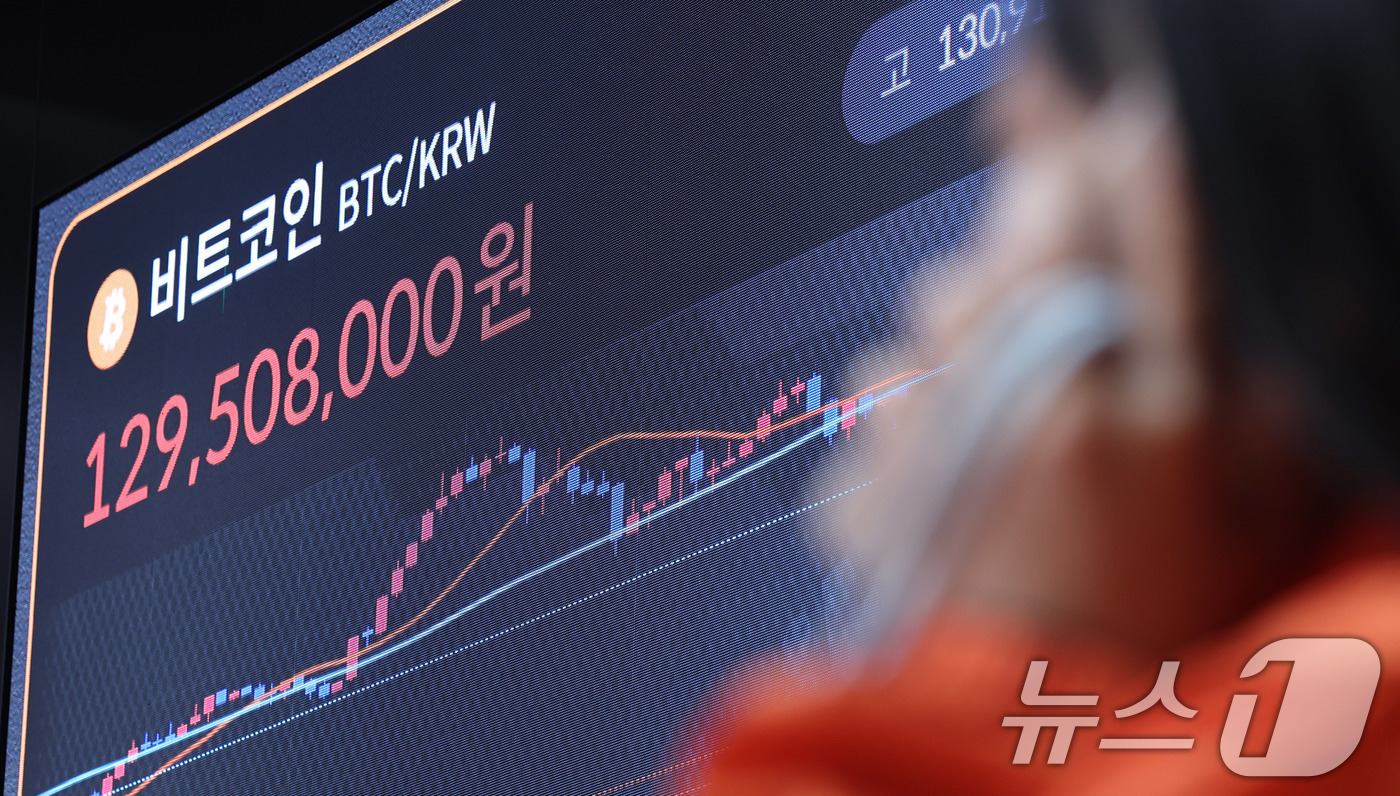 (서울=뉴스1) 박지혜 기자 = 2일 서울 강남구 빗썸 라운지 전광판에 비트코인 시세가 나타나고 있다.비트코인이 상승 전환하며 암호화폐(가상화폐) 시장의 낙폭이 크게 줄고 있다. …