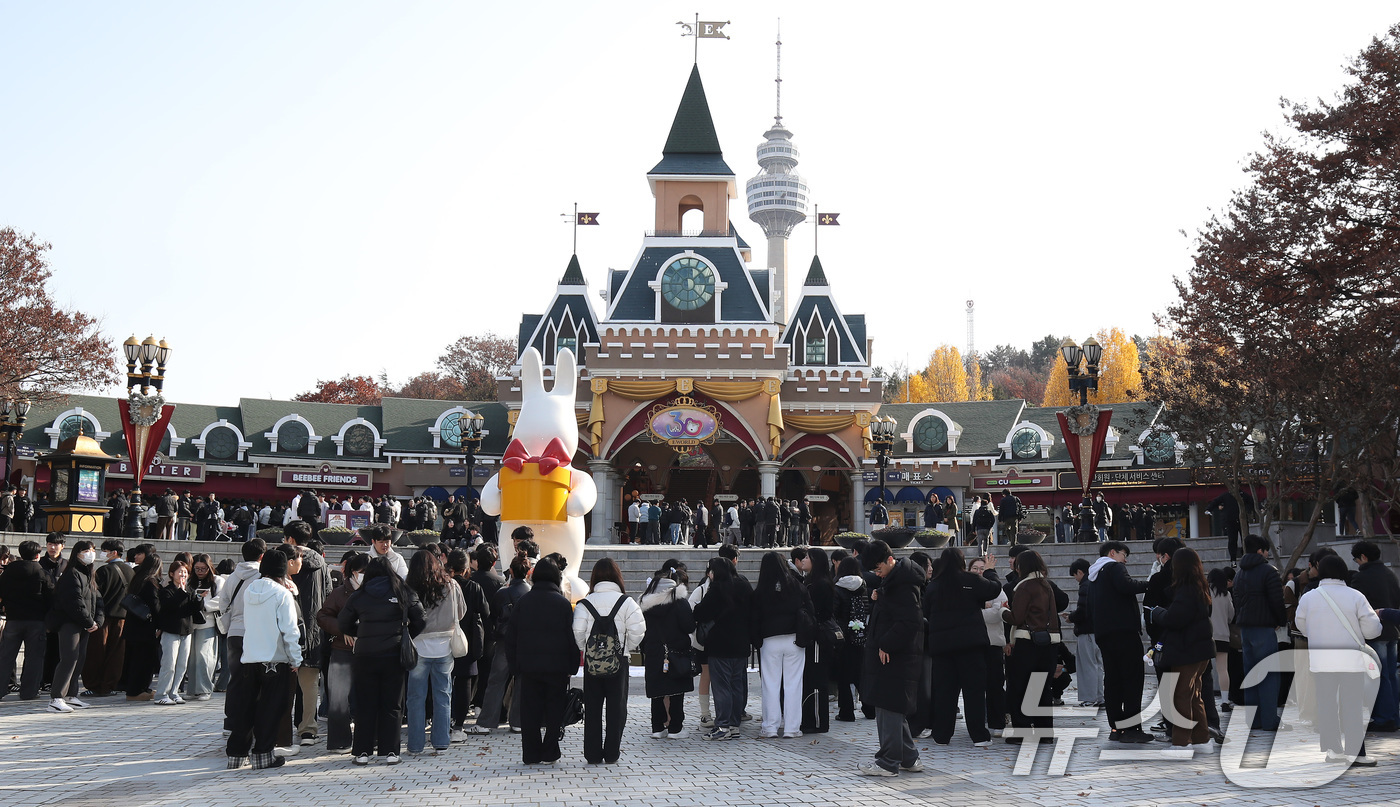 (대구=뉴스1) 공정식 기자 = 2026학년도 대학수학능력시험 치른 대구의 한 고교 3학년 수험생들이 2일 오전 대구 달서구 테마파크 이월드 앞에서 개장 전 줄지어 단체 입장을 기 …