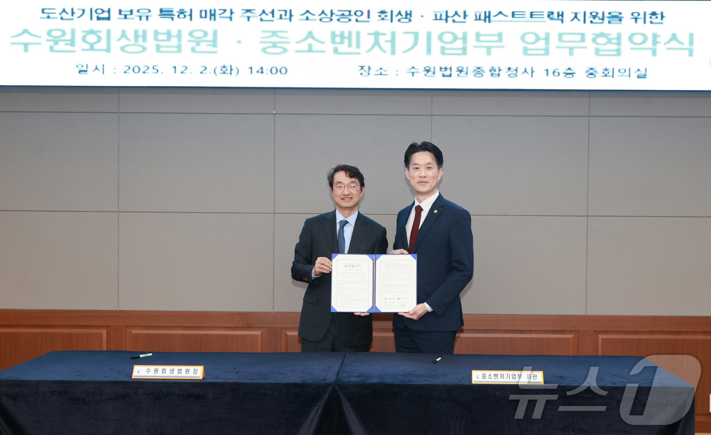 (서울=뉴스1) = 노용석 중소벤처기업부 제1차관(오른쪽)과 김상규 수원회생법원장이 2일 경기 수원회생법원에서 열린 ‘중소벤처기업부-수원회생법원 업무협약식’에서 협약서에 서명 후 …